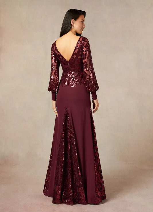 Elegant Cabernet Mermaid Sequins Lace  Mother of the Bride Dress with Sheer Sequin Embellished Long Sleeves Boat Neckline and Contrast Train Detailing
