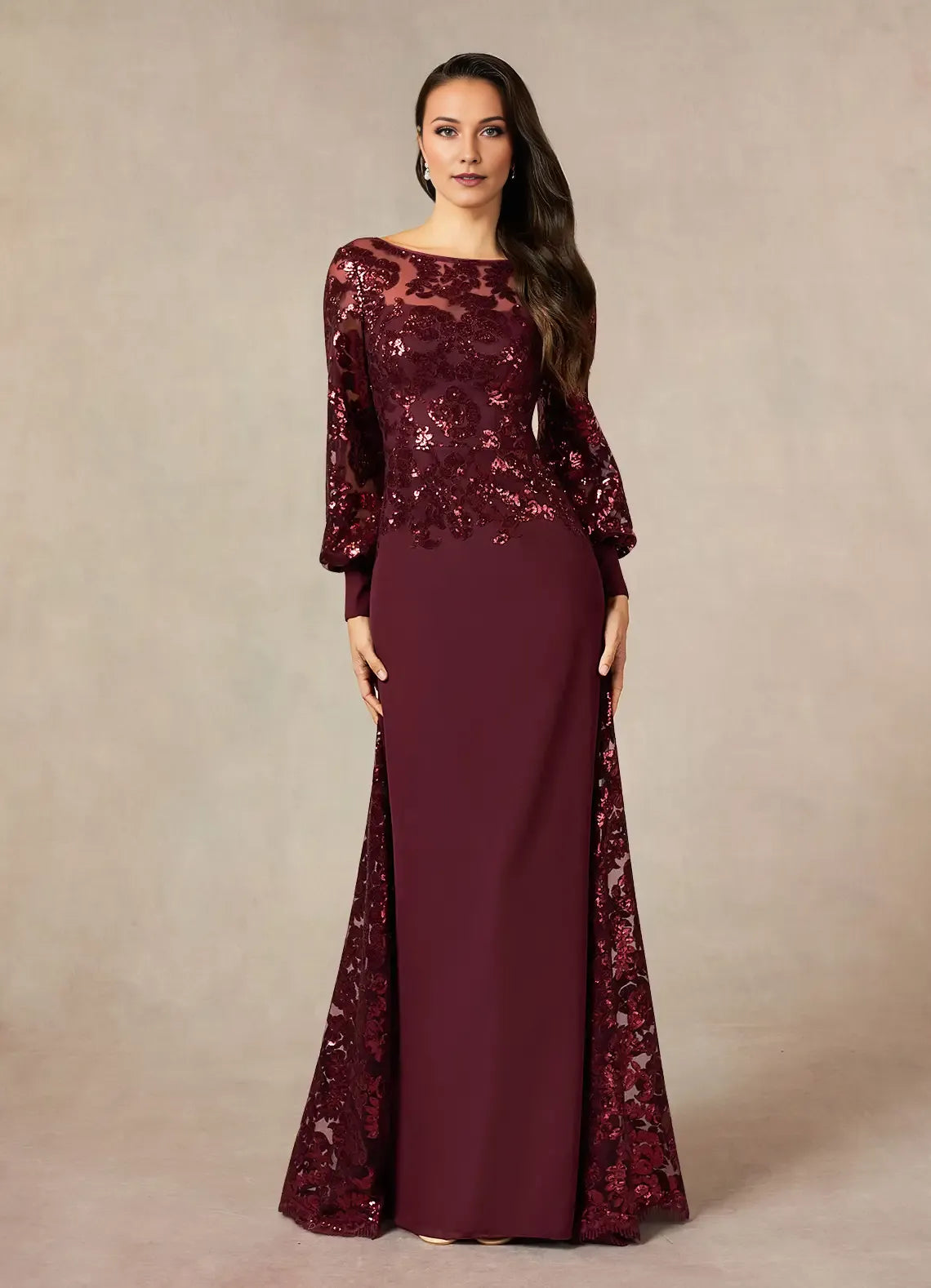 Elegant Cabernet Mermaid Sequins Lace  Mother of the Bride Dress with Sheer Sequin Embellished Long Sleeves Boat Neckline and Contrast Train Detailing