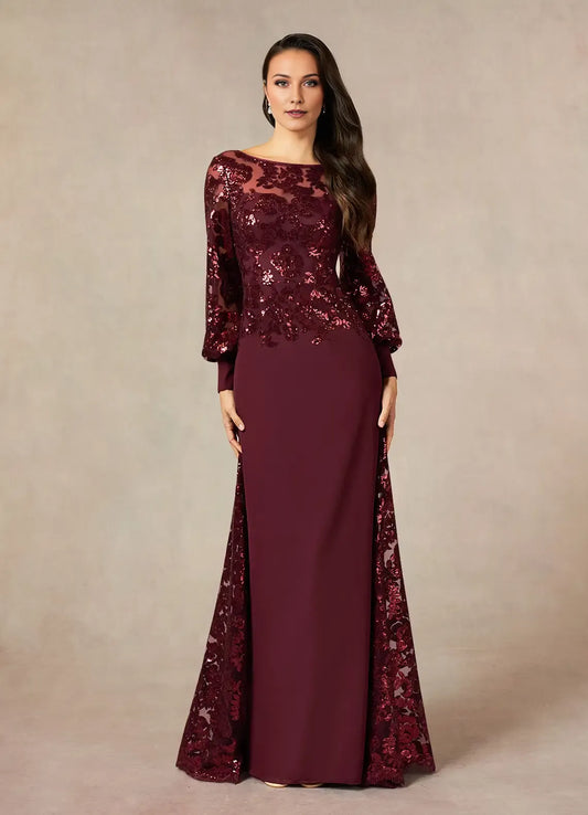 Elegant Cabernet Mermaid Sequins Lace  Mother of the Bride Dress with Sheer Sequin Embellished Long Sleeves Boat Neckline and Contrast Train Detailing