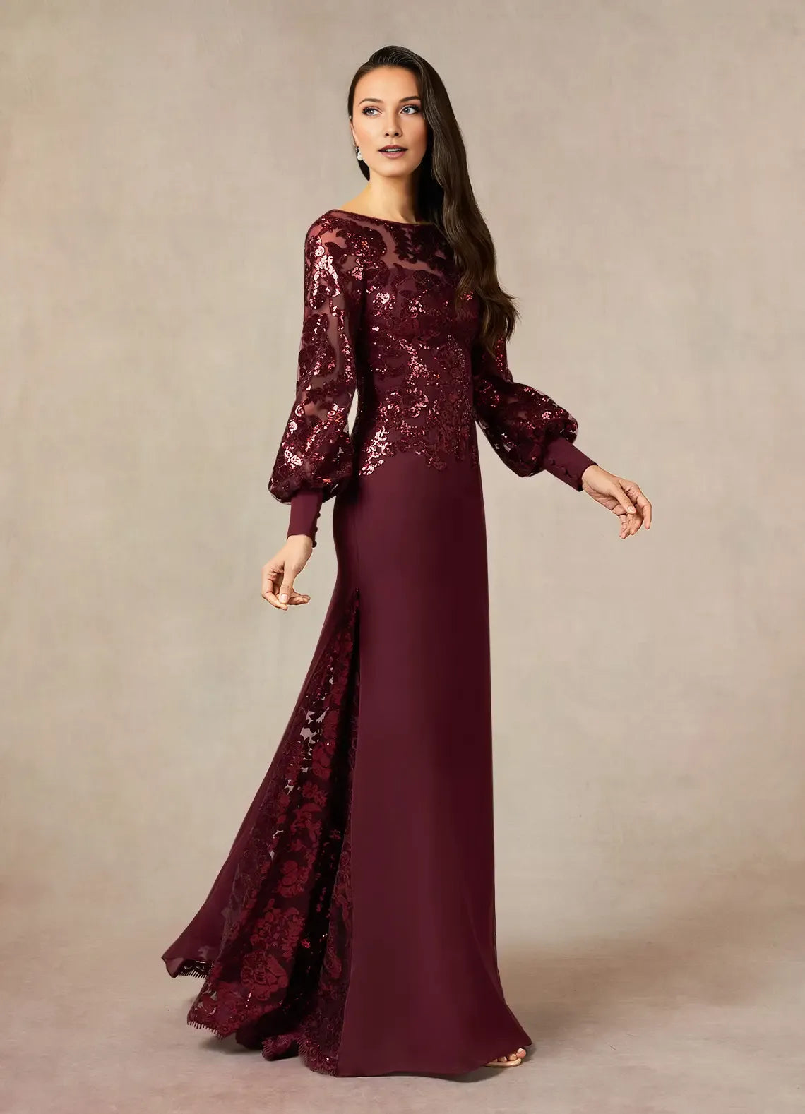 Elegant Cabernet Mermaid Sequins Lace  Mother of the Bride Dress with Sheer Sequin Embellished Long Sleeves Boat Neckline and Contrast Train Detailing