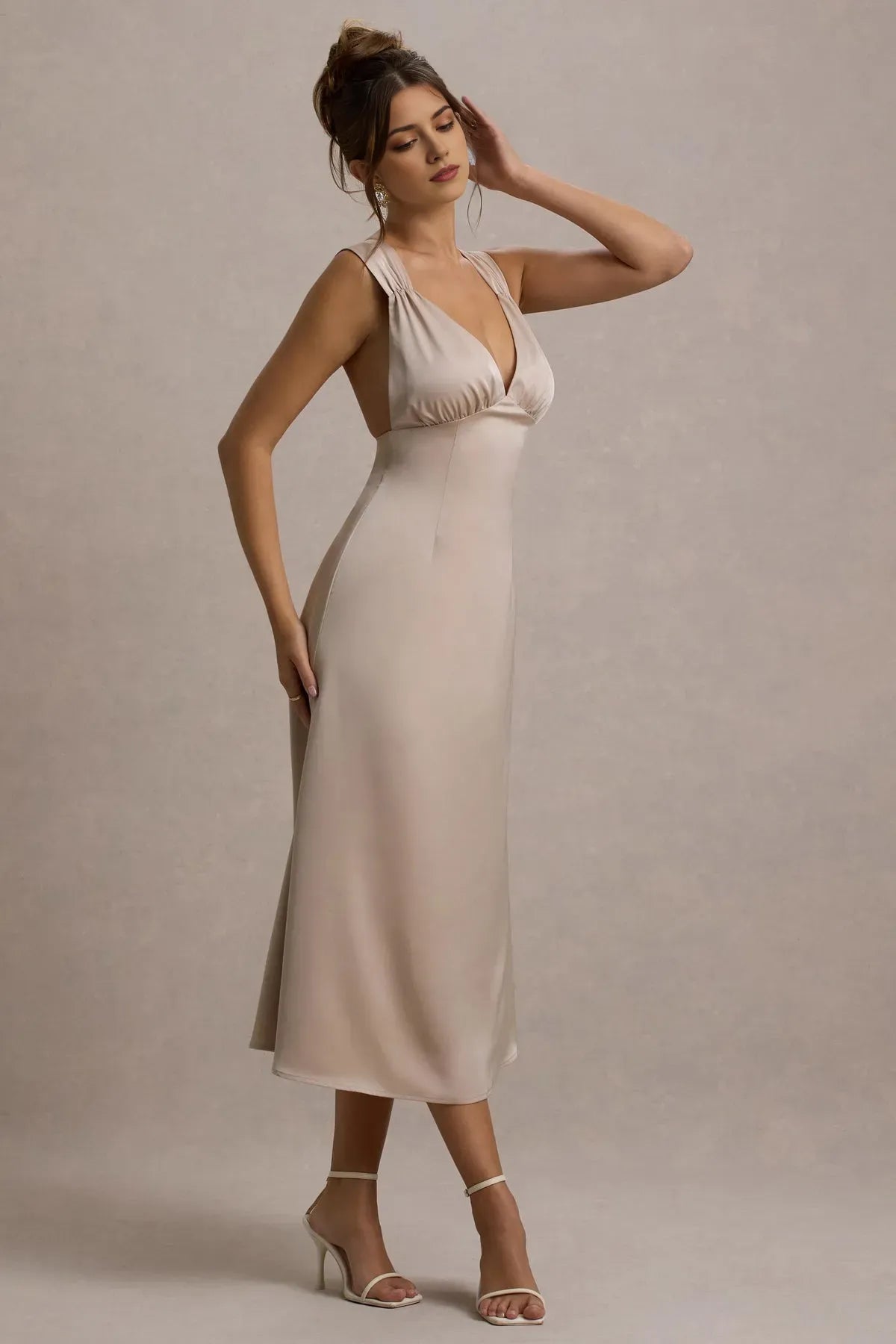 Elegant Champagne - Hued Satin Prom Dresses with Plunging V - Neck Ruched Shoulder Details and Flattering Fit A Timeless Choice for Sophisticated Balls Graceful Galas and Refined Evening Soirées