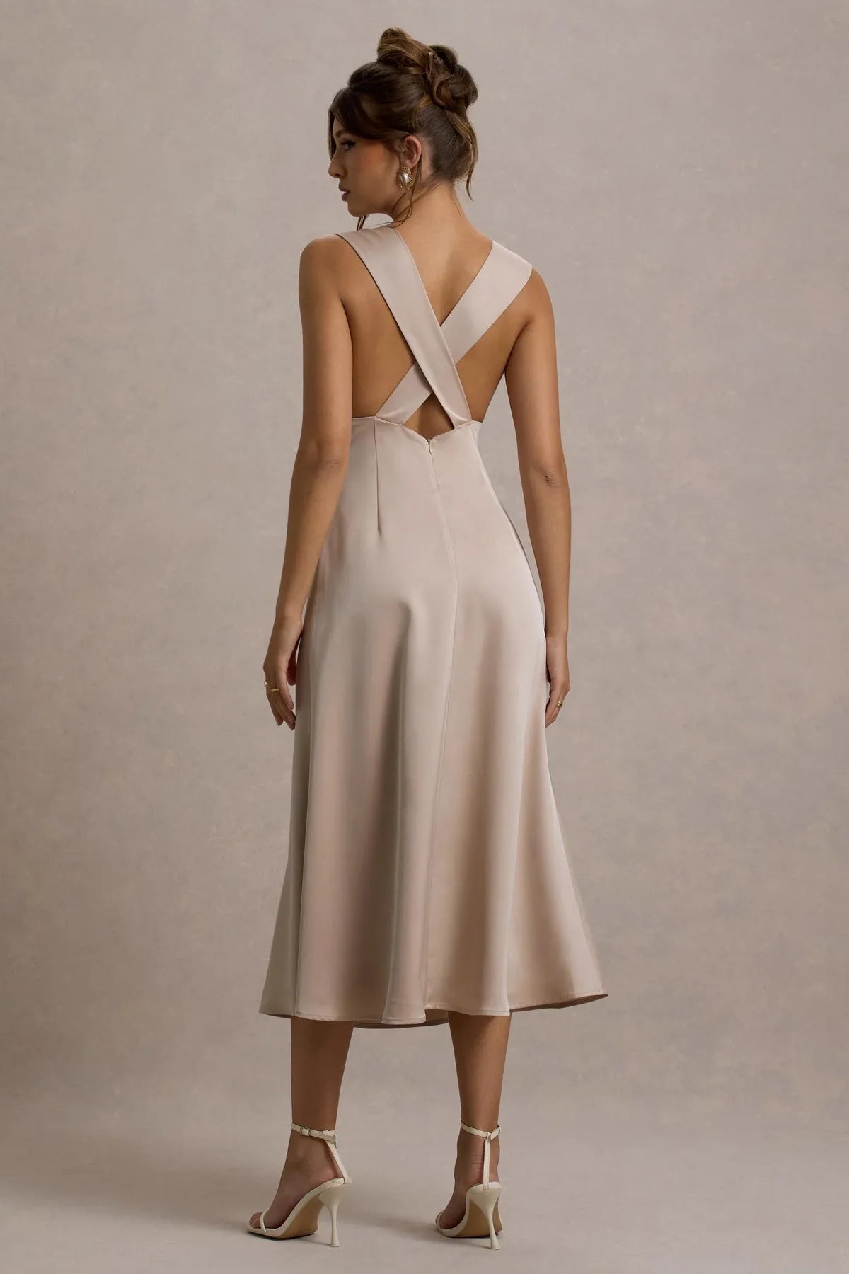 Elegant Champagne - Hued Satin Prom Dresses with Plunging V - Neck Ruched Shoulder Details and Flattering Fit A Timeless Choice for Sophisticated Balls Graceful Galas and Refined Evening Soirées