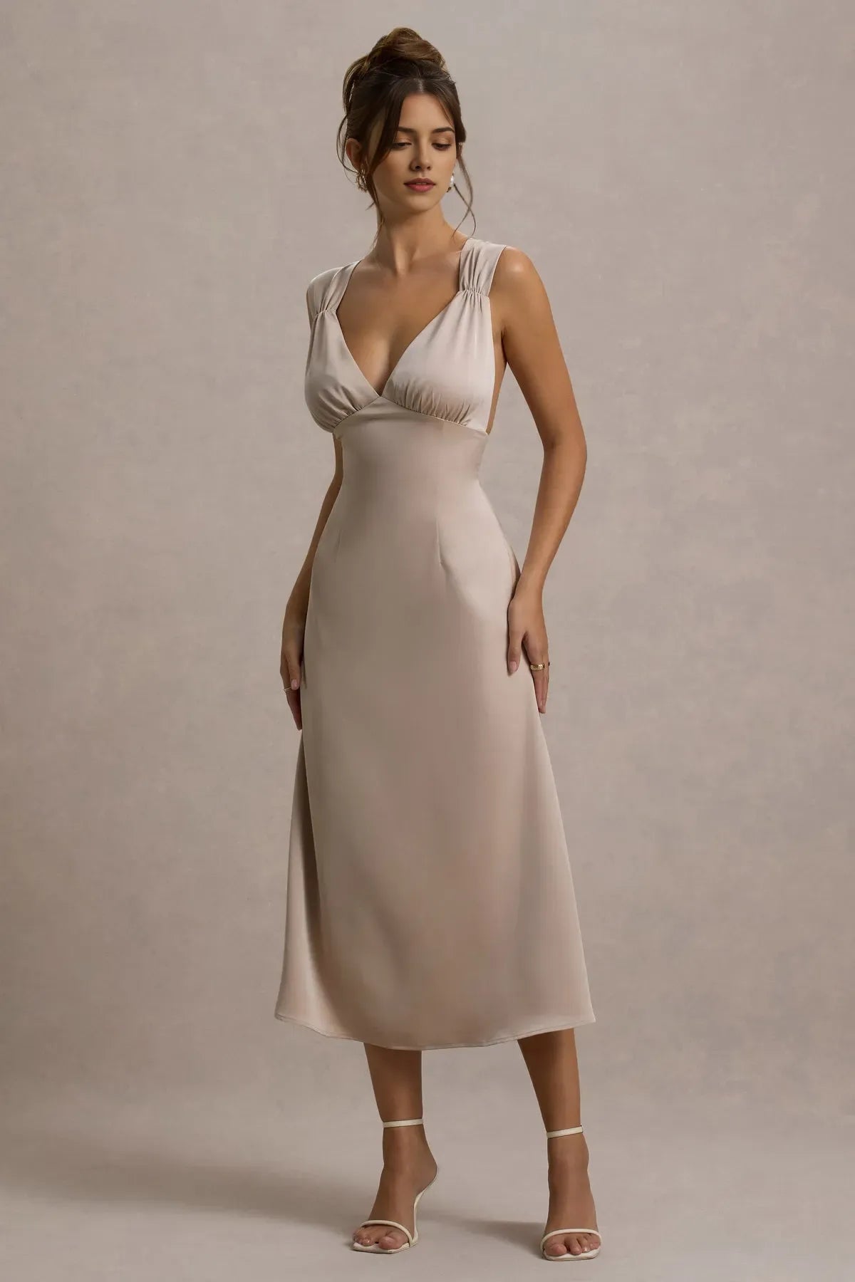 Elegant Champagne - Hued Satin Prom Dresses with Plunging V - Neck Ruched Shoulder Details and Flattering Fit A Timeless Choice for Sophisticated Balls Graceful Galas and Refined Evening Soirées