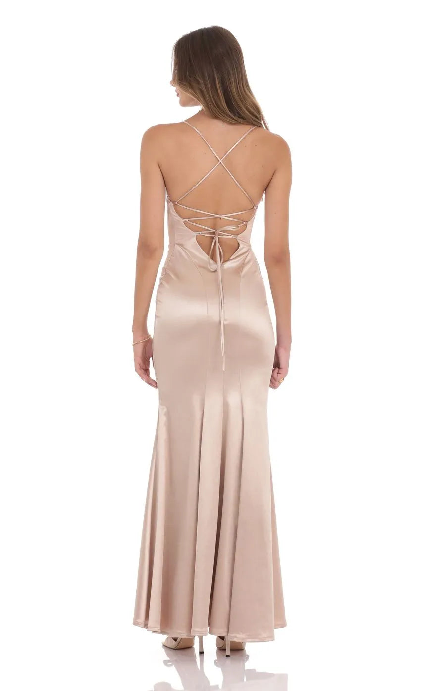 Elegant Champagne - Satin Prom Dress with Spaghetti Straps Plunging V Neck and Mermaid Silhouette  Perfect for Formal Prom Nights