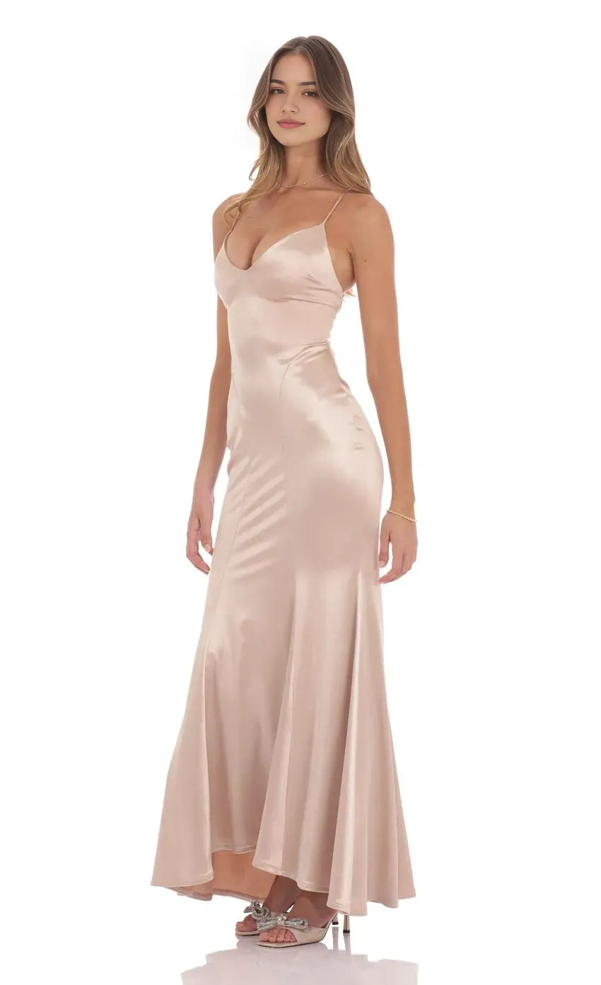 Elegant Champagne - Satin Prom Dress with Spaghetti Straps Plunging V Neck and Mermaid Silhouette  Perfect for Formal Prom Nights