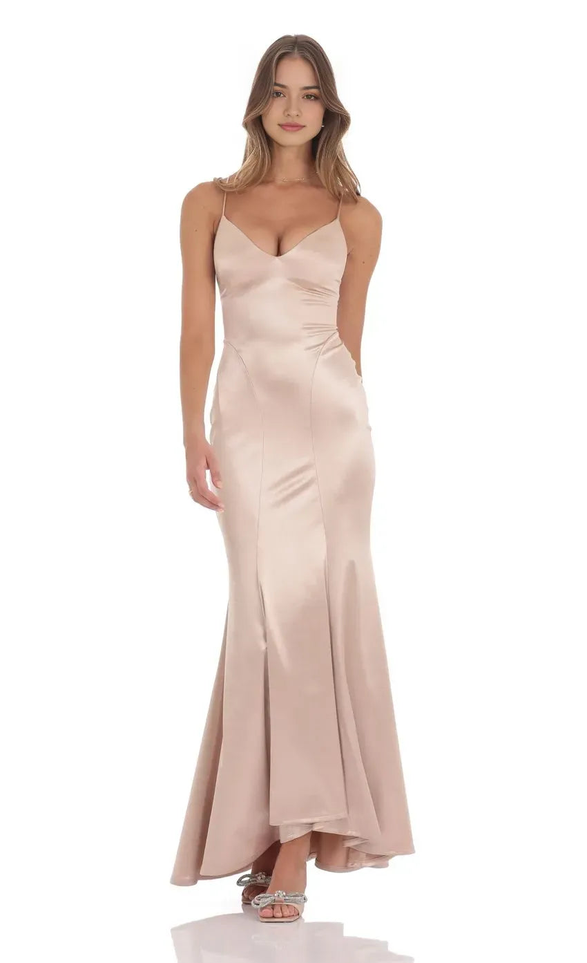 Elegant Champagne - Satin Prom Dress with Spaghetti Straps Plunging V Neck and Mermaid Silhouette  Perfect for Formal Prom Nights