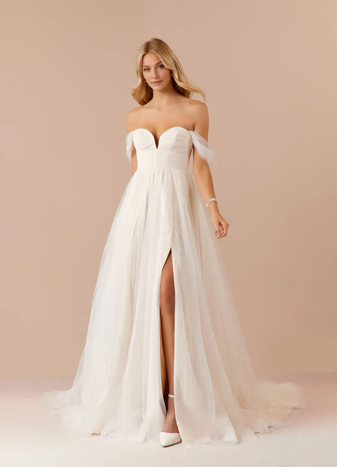 Elegant Champagne A-Line Off the Shoulder Tulle Sweetheart Neckline Wedding Dress with Sheer  Skirt Side Slit, and Sequin Detailing for a Romantic Bridal Look