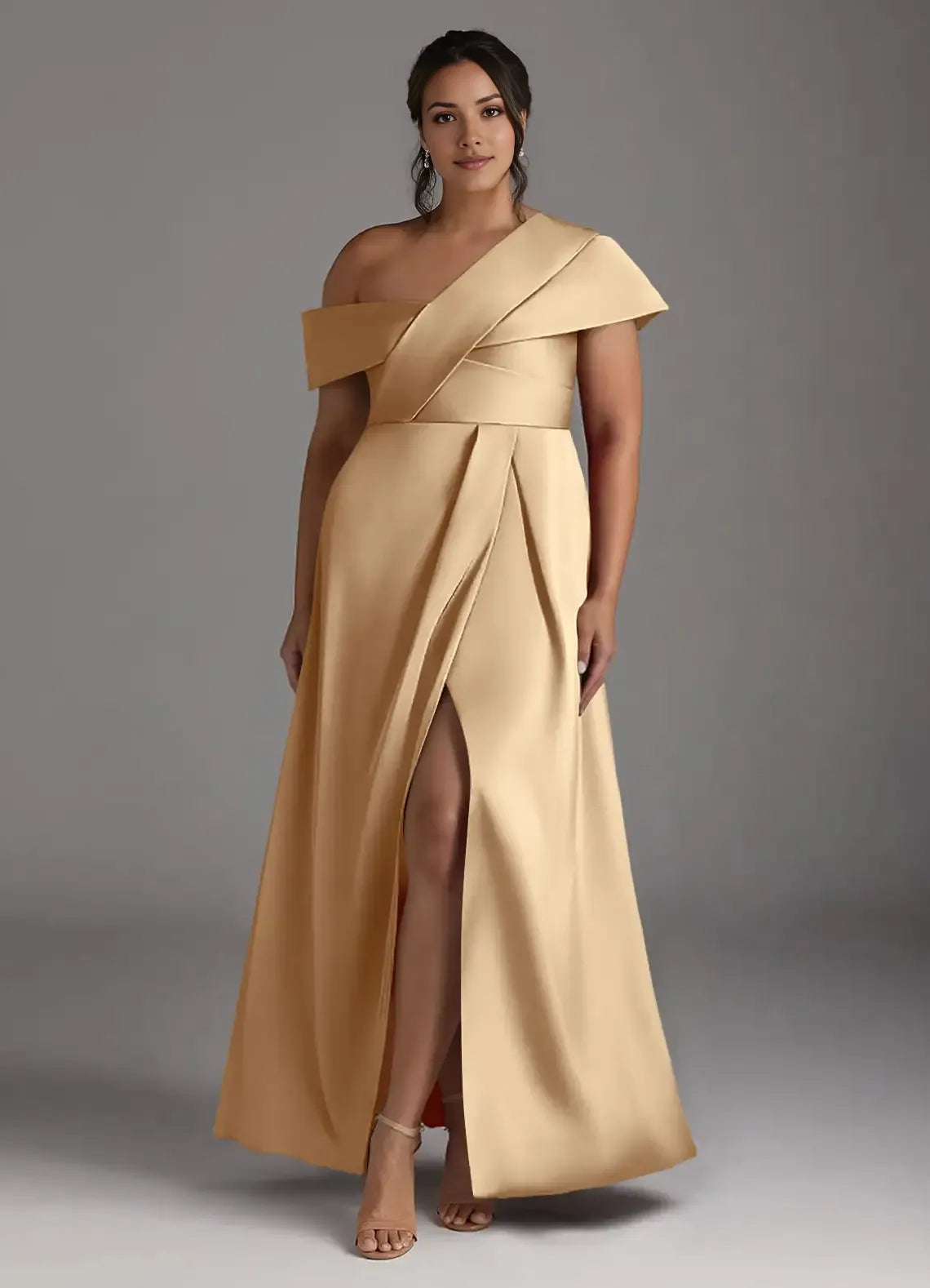 Elegant Champagne A-Line One-Shoulder Sleeveless Back Zip Pleated  Satin High Slit Floor-Length Plus-Size Prom Dresses ﻿