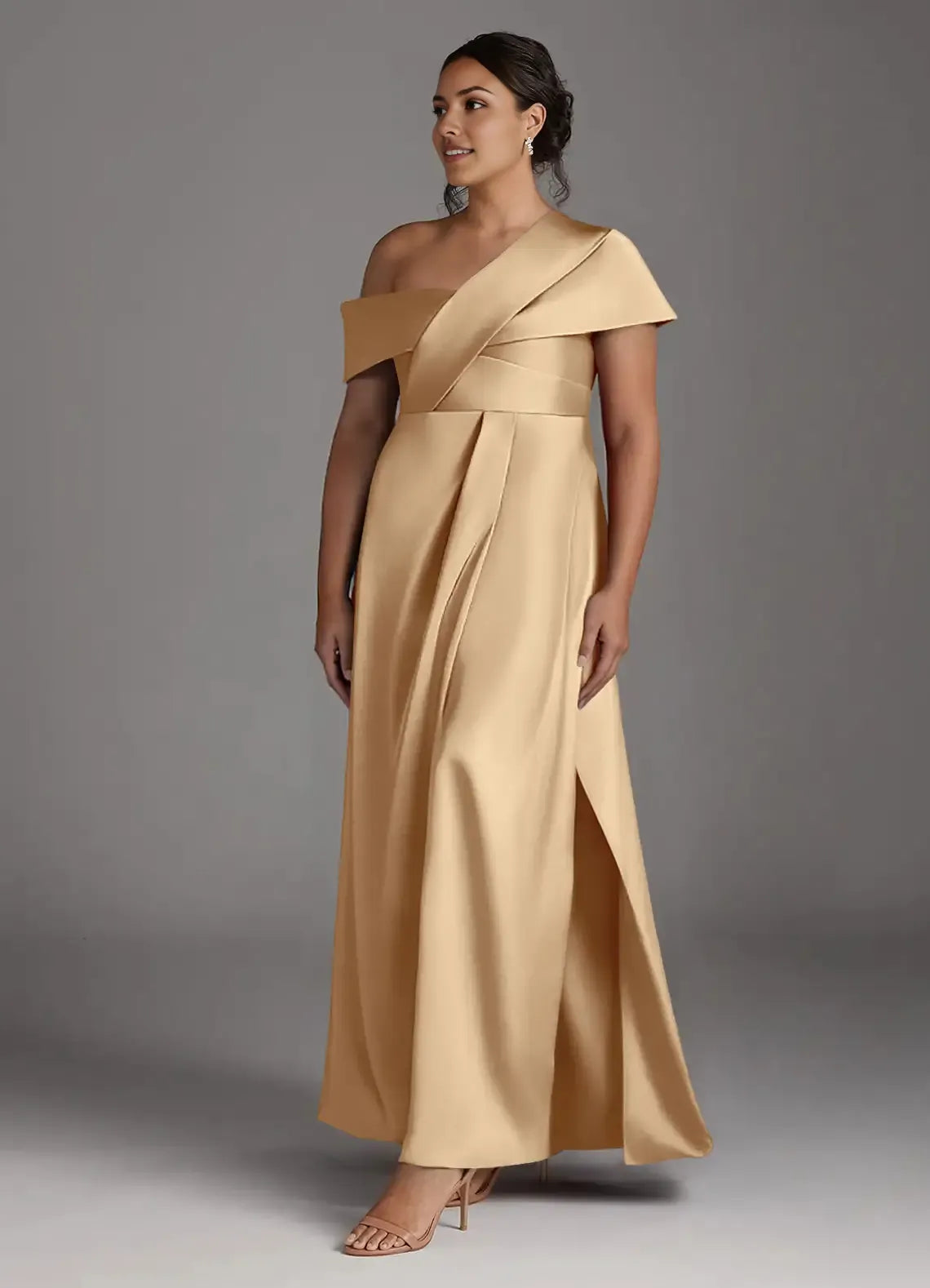 Elegant Champagne A-Line One-Shoulder Sleeveless Back Zip Pleated  Satin High Slit Floor-Length Plus-Size Prom Dresses ﻿