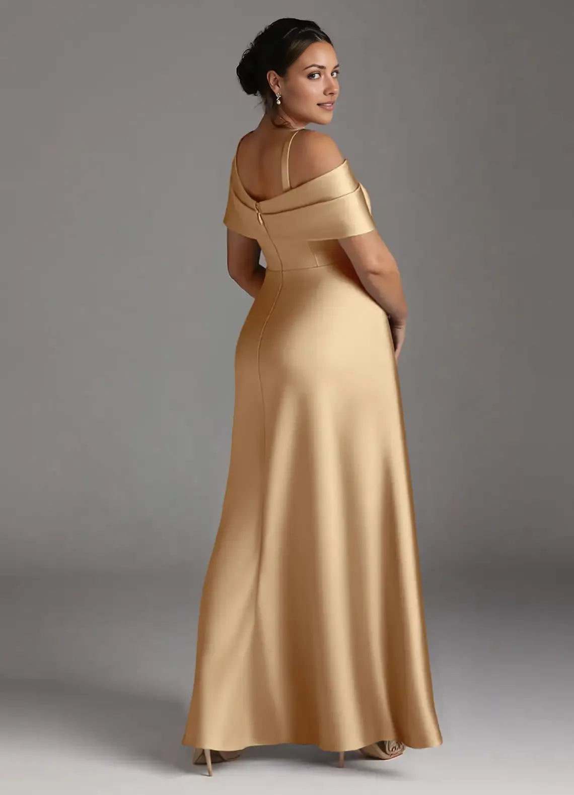 Elegant Champagne A-Line One-Shoulder Sleeveless Back Zip Pleated  Satin High Slit Floor-Length Plus-Size Prom Dresses ﻿