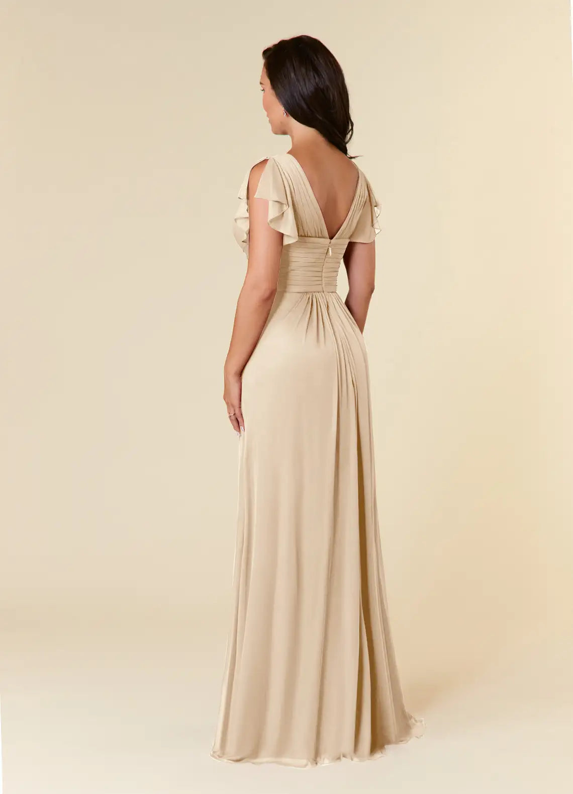 Elegant Champagne A-Line Pleated Mesh Mother of the Bride Dress Surplice V - Neck Flutter Chiffon Short Sleeves Ruched Waist Asymmetric Ruffled Skirt