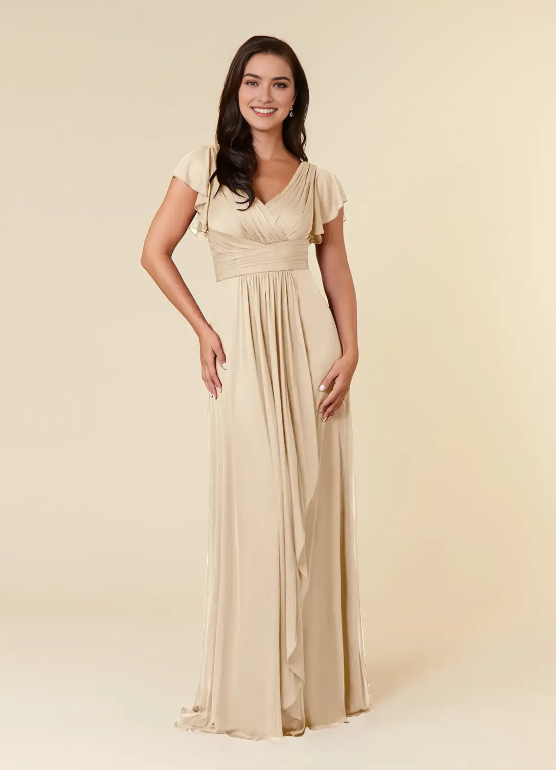 Elegant Champagne A-Line Pleated Mesh Mother of the Bride Dress Surplice V - Neck Flutter Chiffon Short Sleeves Ruched Waist Asymmetric Ruffled Skirt