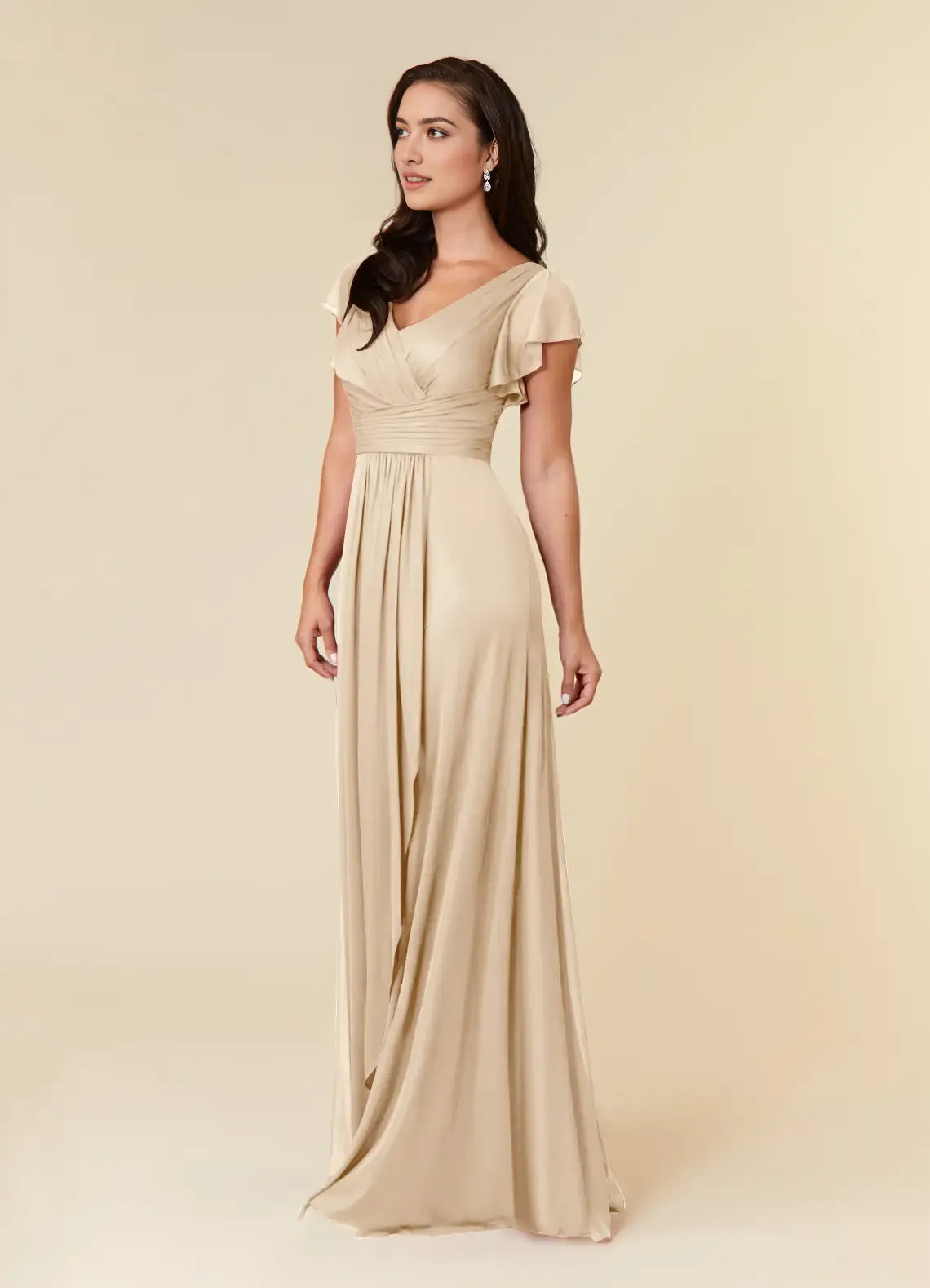 Elegant Champagne A-Line Pleated Mesh Mother of the Bride Dress Surplice V - Neck Flutter Chiffon Short Sleeves Ruched Waist Asymmetric Ruffled Skirt
