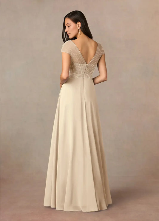 Elegant Champagne A-Line V-Neck sequins Chiffon Mother of the Bride Dress with Beaded  Bodice Cap Sleeves and Flowy Chiffon Skirt
