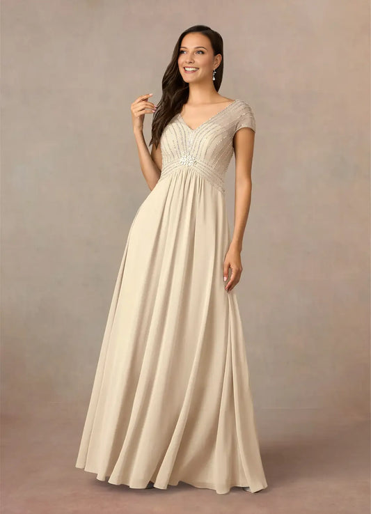 Elegant Champagne A-Line V-Neck sequins Chiffon Mother of the Bride Dress with Beaded  Bodice Cap Sleeves and Flowy Chiffon Skirt