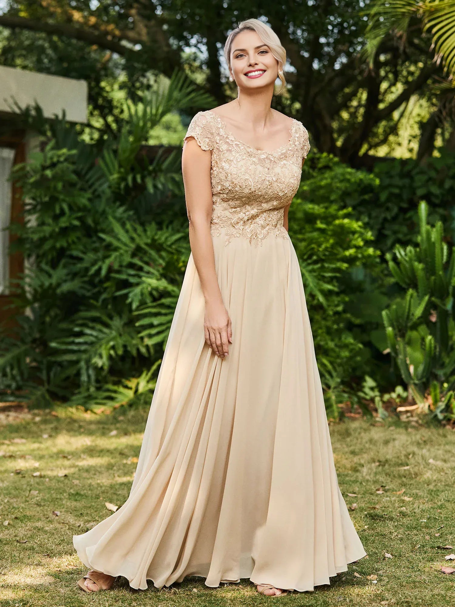 Elegant Champagne Chiffon A-Line Scoop Neckline Short Sleeve Lace Appliqued Open Back Back Zip Floor-Length Mother of the Bride Dress