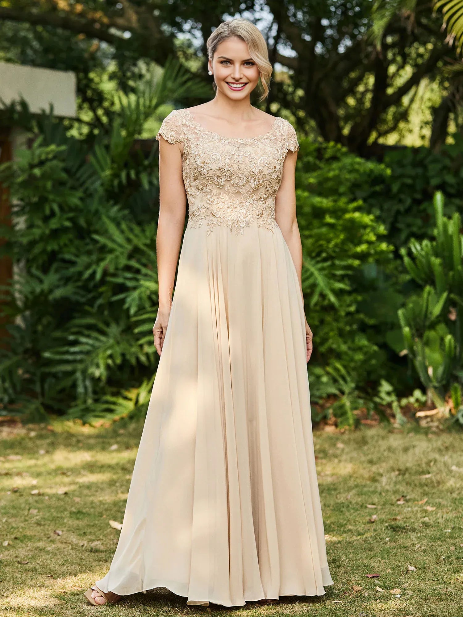 Elegant Champagne Chiffon A-Line Scoop Neckline Short Sleeve Lace Appliqued Open Back Back Zip Floor-Length Mother of the Bride Dress