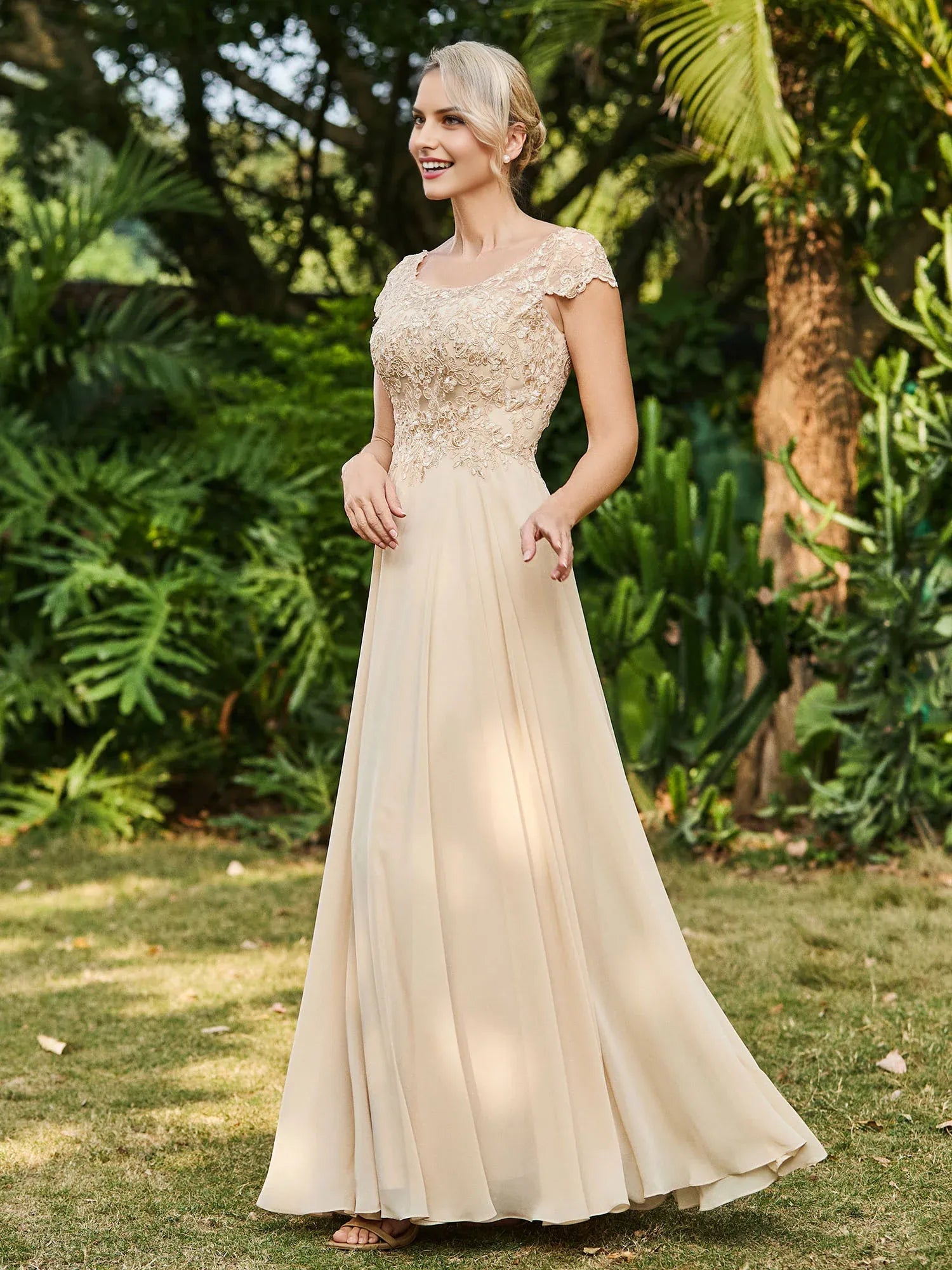 Elegant Champagne Chiffon A-Line Scoop Neckline Short Sleeve Lace Appliqued Open Back Back Zip Floor-Length Mother of the Bride Dress