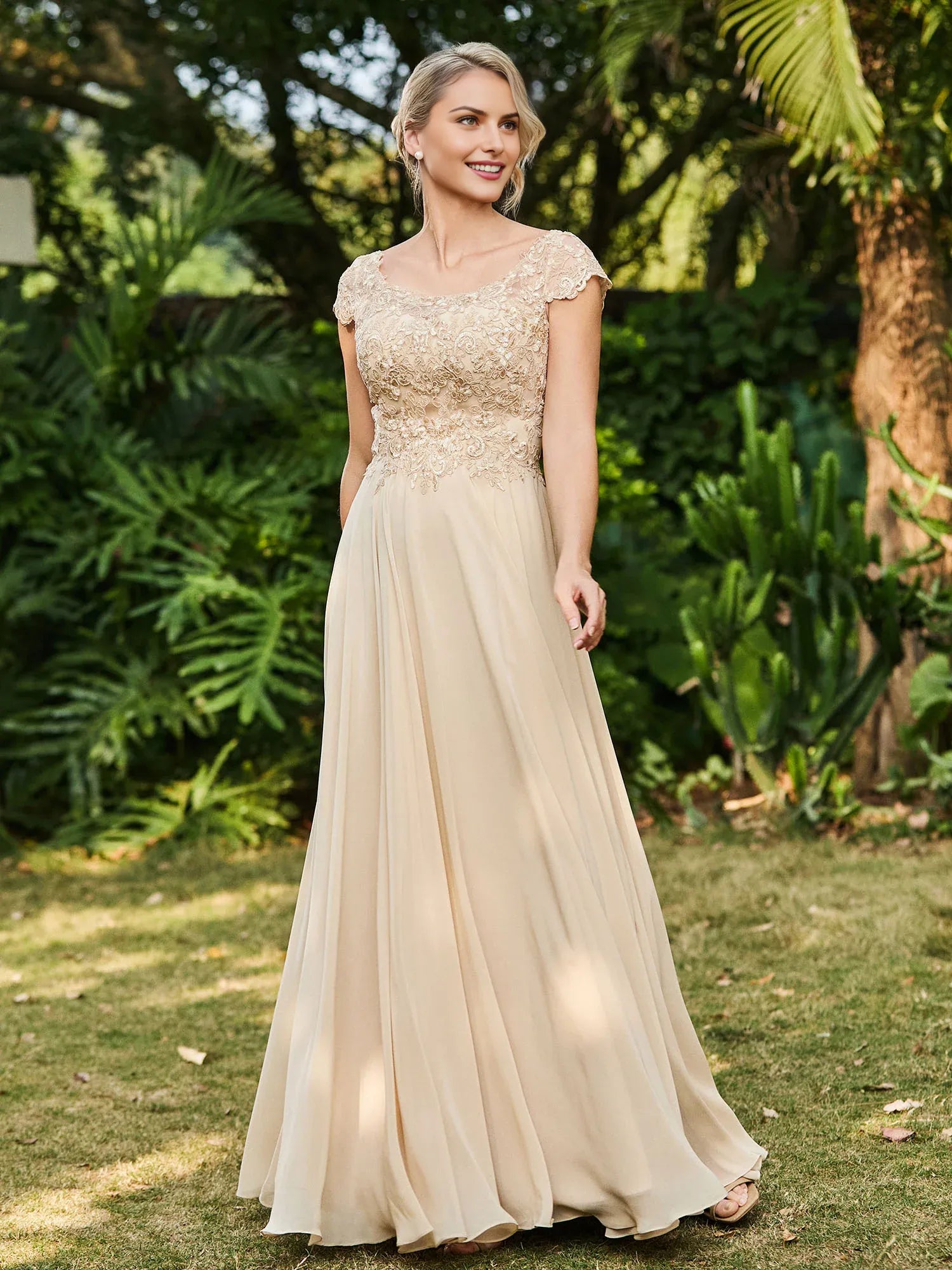 Elegant Champagne Chiffon A-Line Scoop Neckline Short Sleeve Lace Appliqued Open Back Back Zip Floor-Length Mother of the Bride Dress