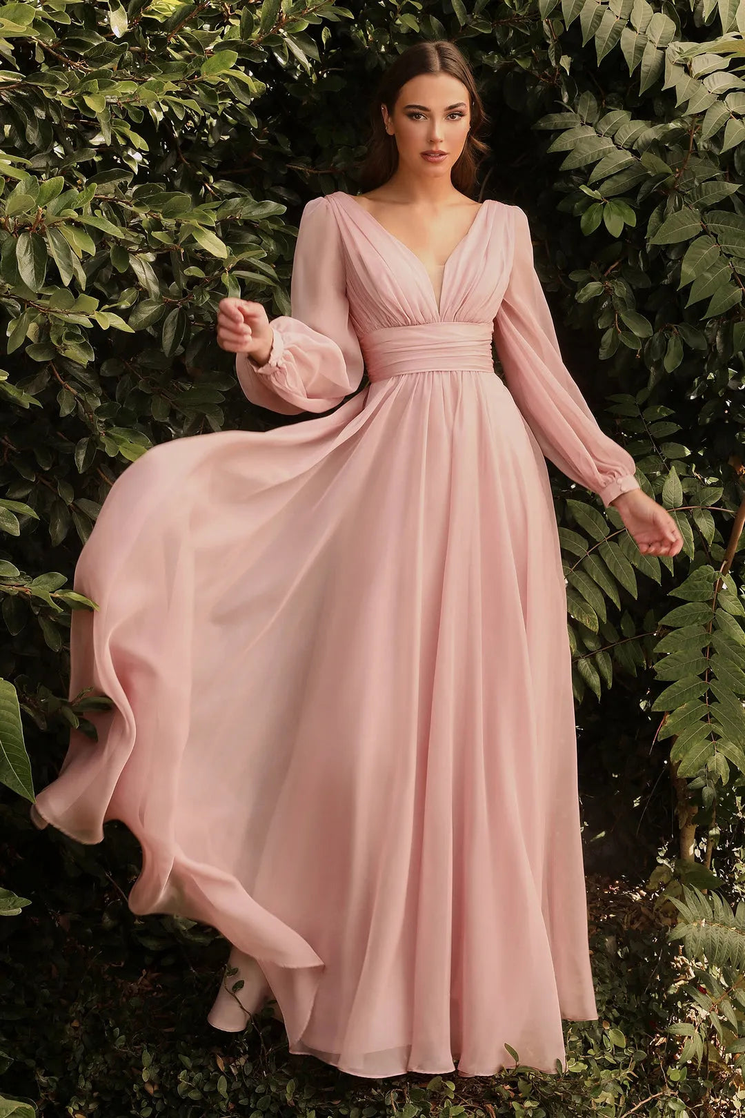 Elegant Champagne Chiffon Prom Dress with Deep V Neck Puff Sleeves and Ruched Waist for Formal Evening Occasions