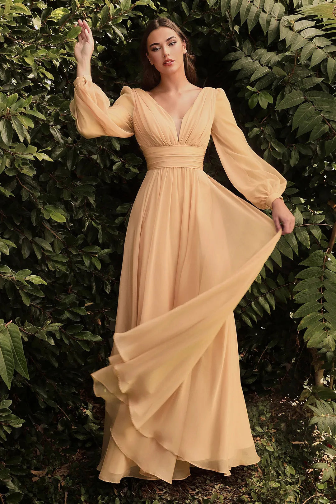 Elegant Champagne Chiffon Prom Dress with Deep V Neck Puff Sleeves and Ruched Waist for Formal Evening Occasions