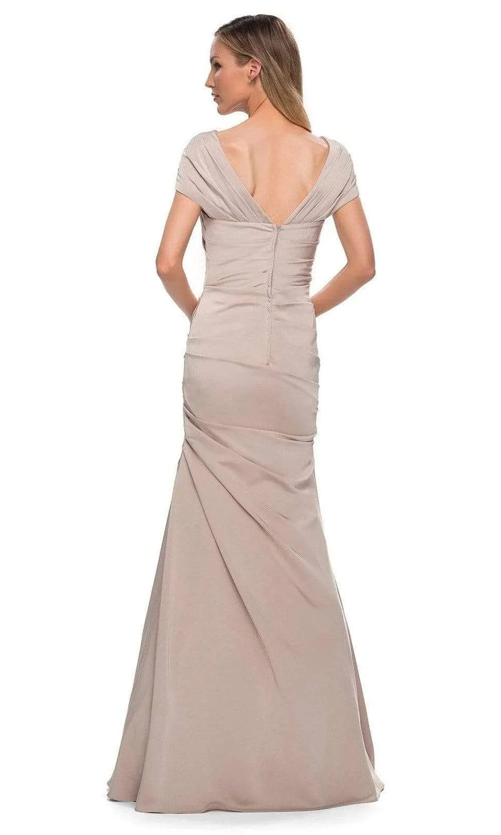 Elegant Champagne Colored Chiffon Mermaid Evening Dresses with Cap Sleeves Cross Front Bodice and Ruched Detailing