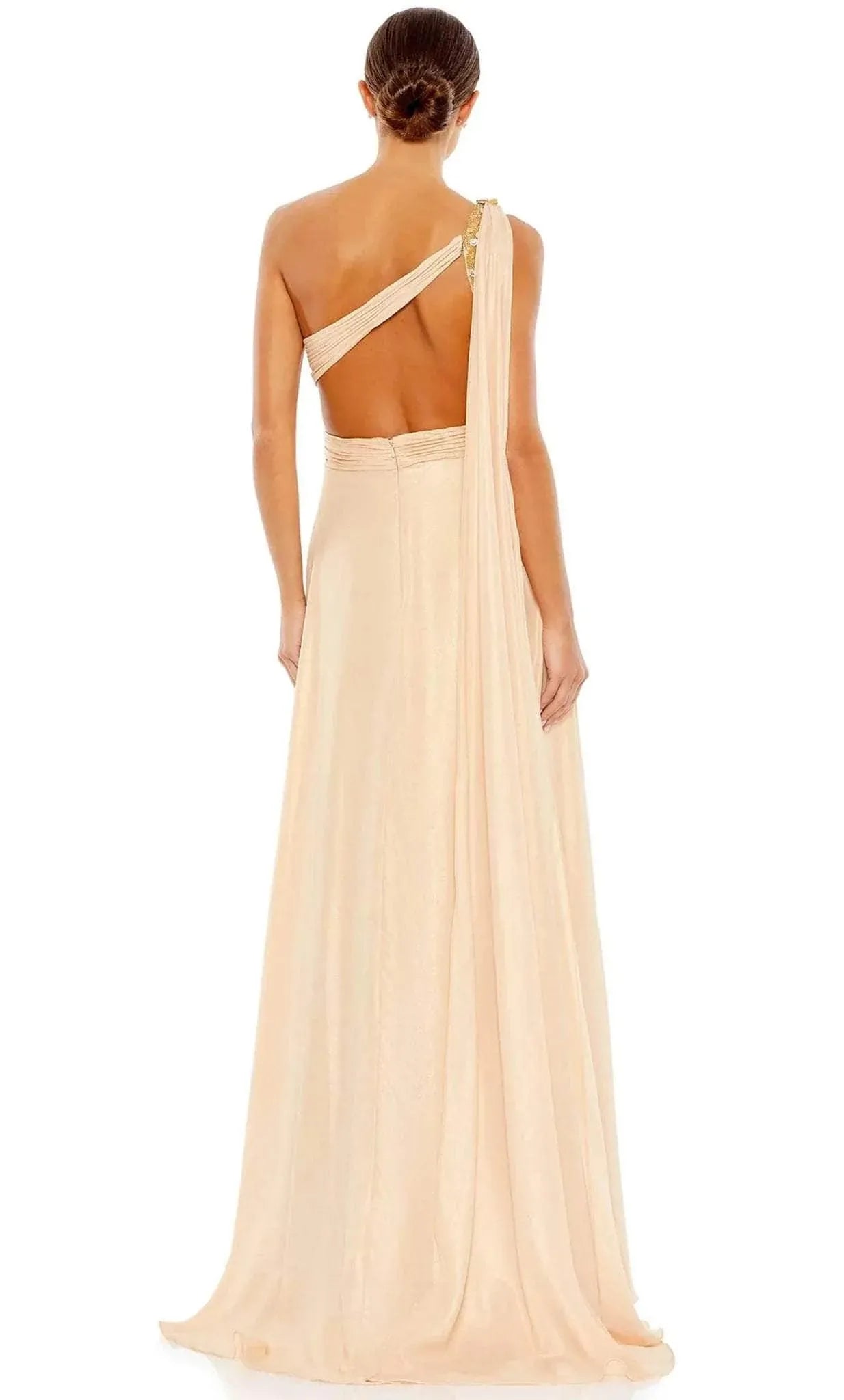 Elegant Champagne Colored Chiffon One Shoulder Prom Gown with Gold Embellishments