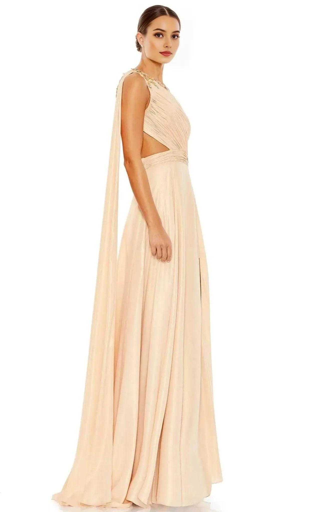 Elegant Champagne Colored Chiffon One Shoulder Prom Gown with Gold Embellishments
