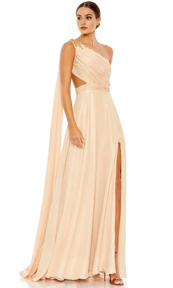 Elegant Champagne Colored Chiffon One Shoulder Prom Gown with Gold Embellishments