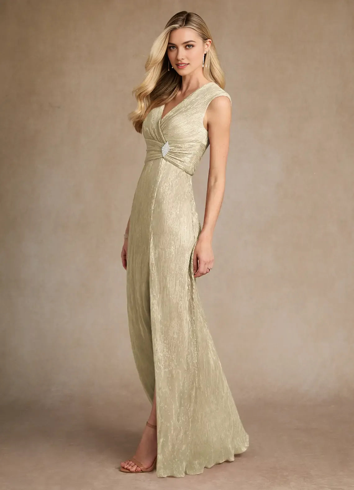 Elegant Champagne Gold A-Line Pleated Mother of the Bride Dress Plunging V - Neck Sleeveless Fabric Waist Accent Side - Slit