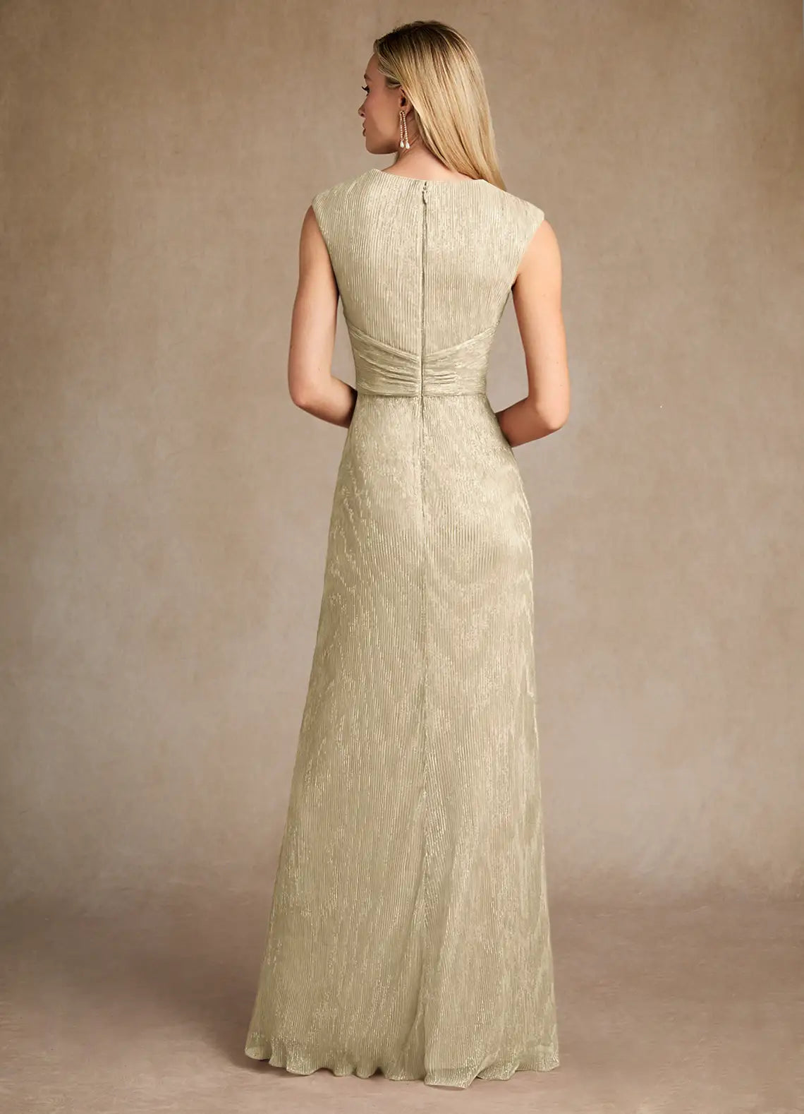 Elegant Champagne Gold A-Line Pleated Mother of the Bride Dress Plunging V - Neck Sleeveless Fabric Waist Accent Side - Slit