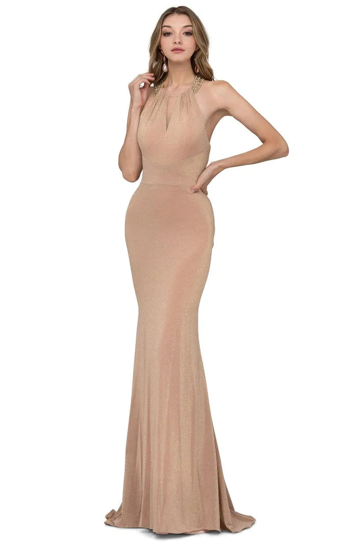 Elegant Champagne Halter Evening Dresses featuring Beaded Straps Keyhole Neckline and Mermaid Fit to Elevate