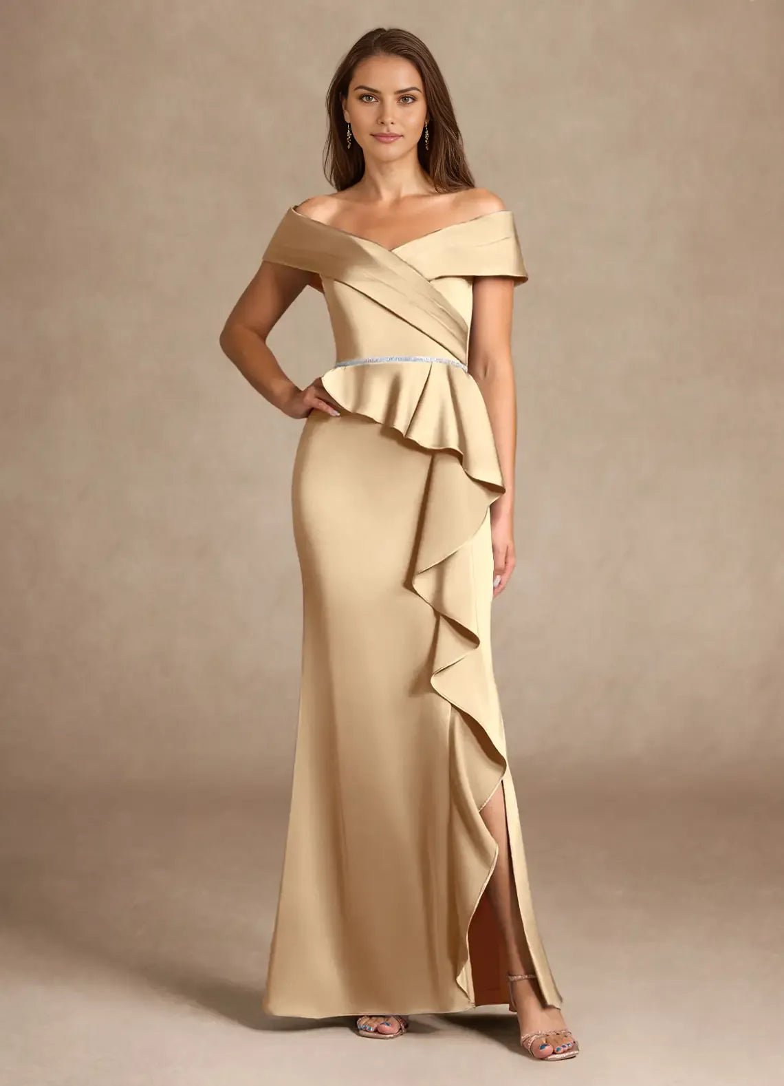 Elegant Champagne Mermaid Off the Shoulder Cold Shoulder Sleeve Ruffled Back Zip High-Slit Floor-Length Mother of the Bride Dress
