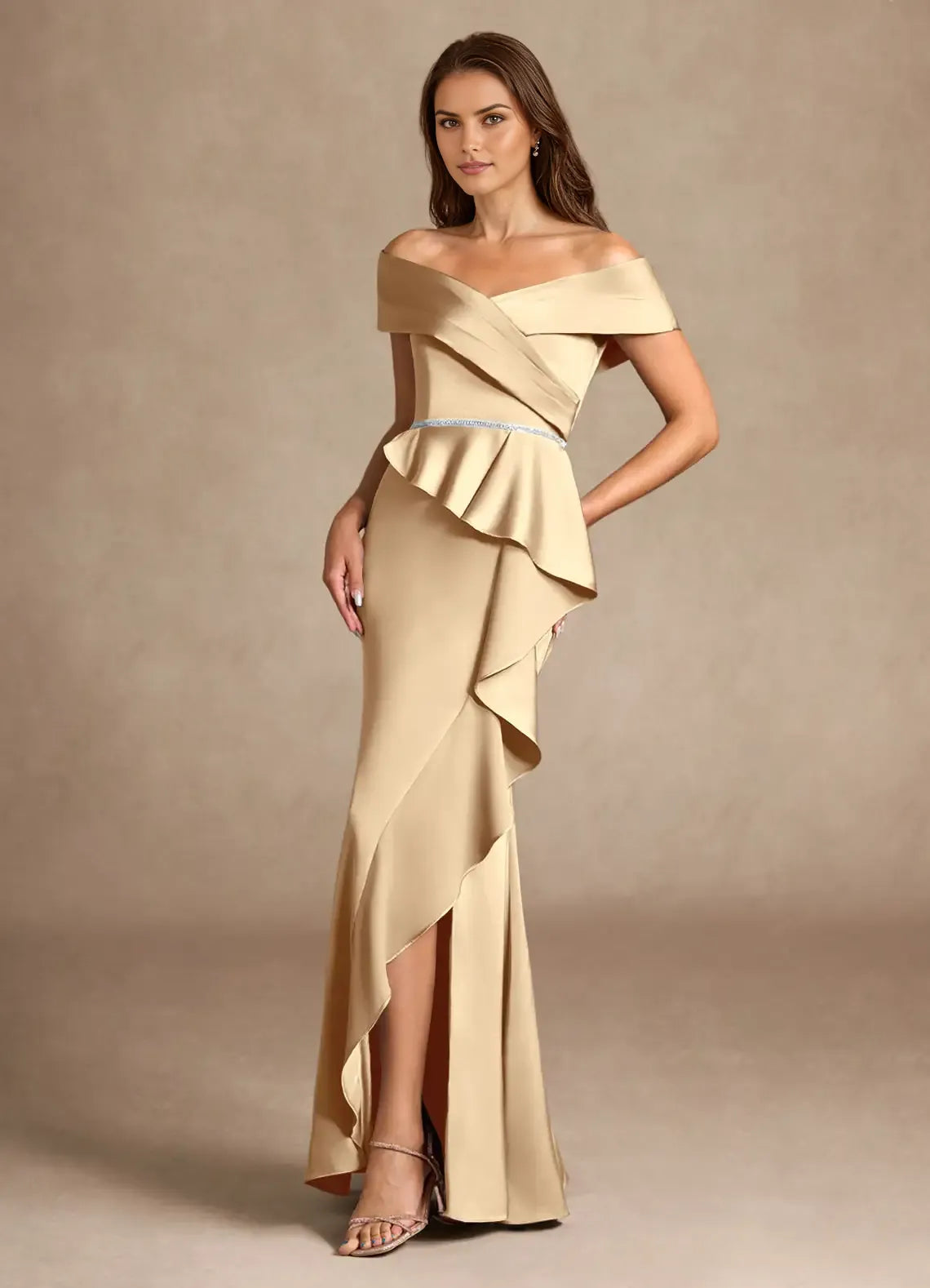 Elegant Champagne Mermaid Off the Shoulder Cold Shoulder Sleeve Ruffled Back Zip High-Slit Floor-Length Mother of the Bride Dress