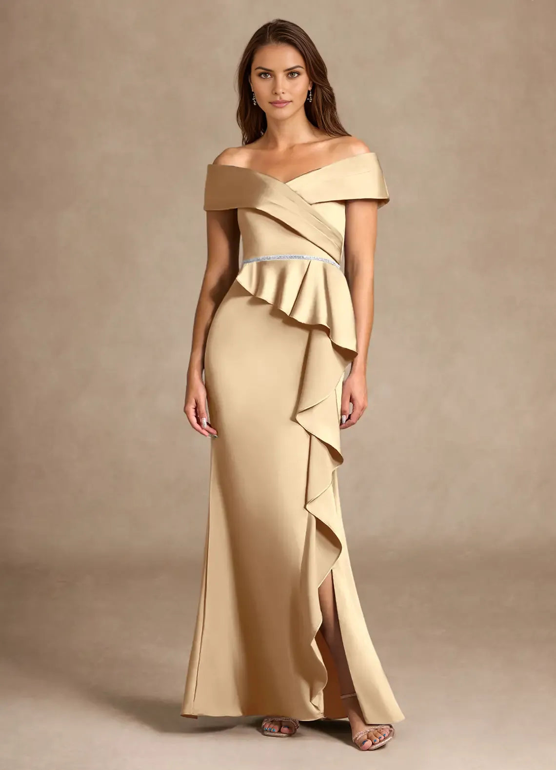 Elegant Champagne Mermaid Off the Shoulder Cold Shoulder Sleeve Ruffled Back Zip High-Slit Floor-Length Mother of the Bride Dress