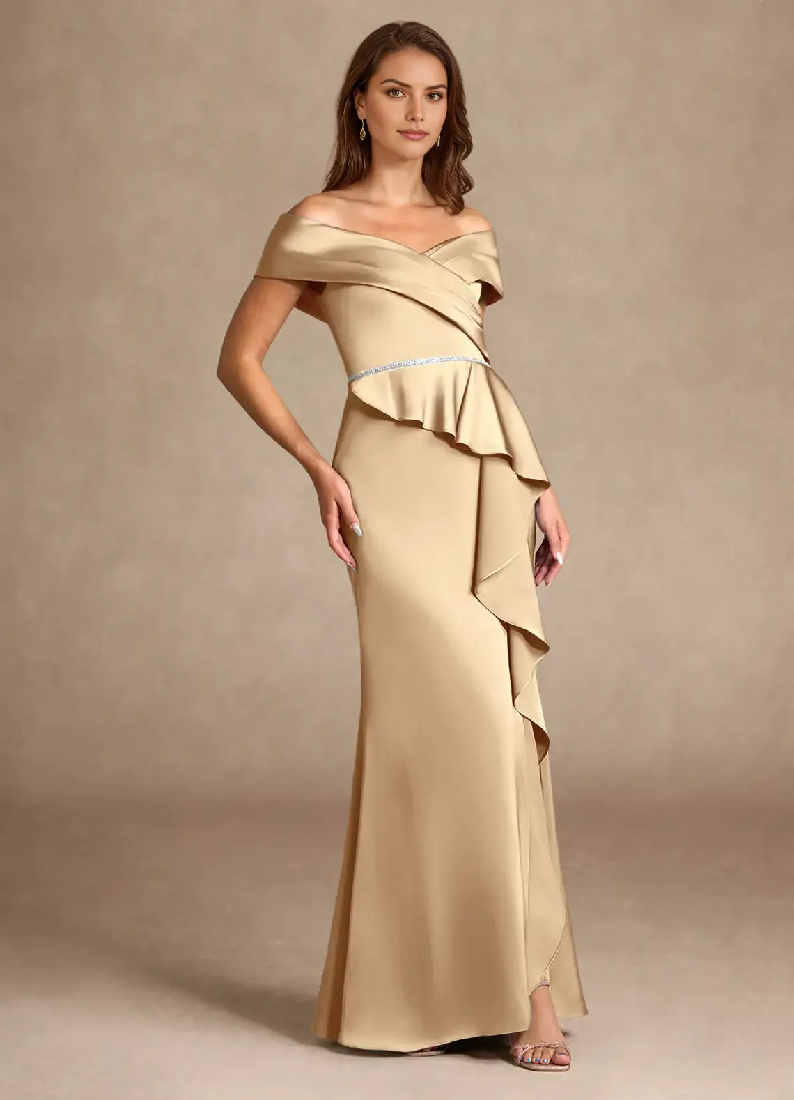 Elegant Champagne Mermaid Off the Shoulder Cold Shoulder Sleeve Ruffled Back Zip High-Slit Floor-Length Mother of the Bride Dress