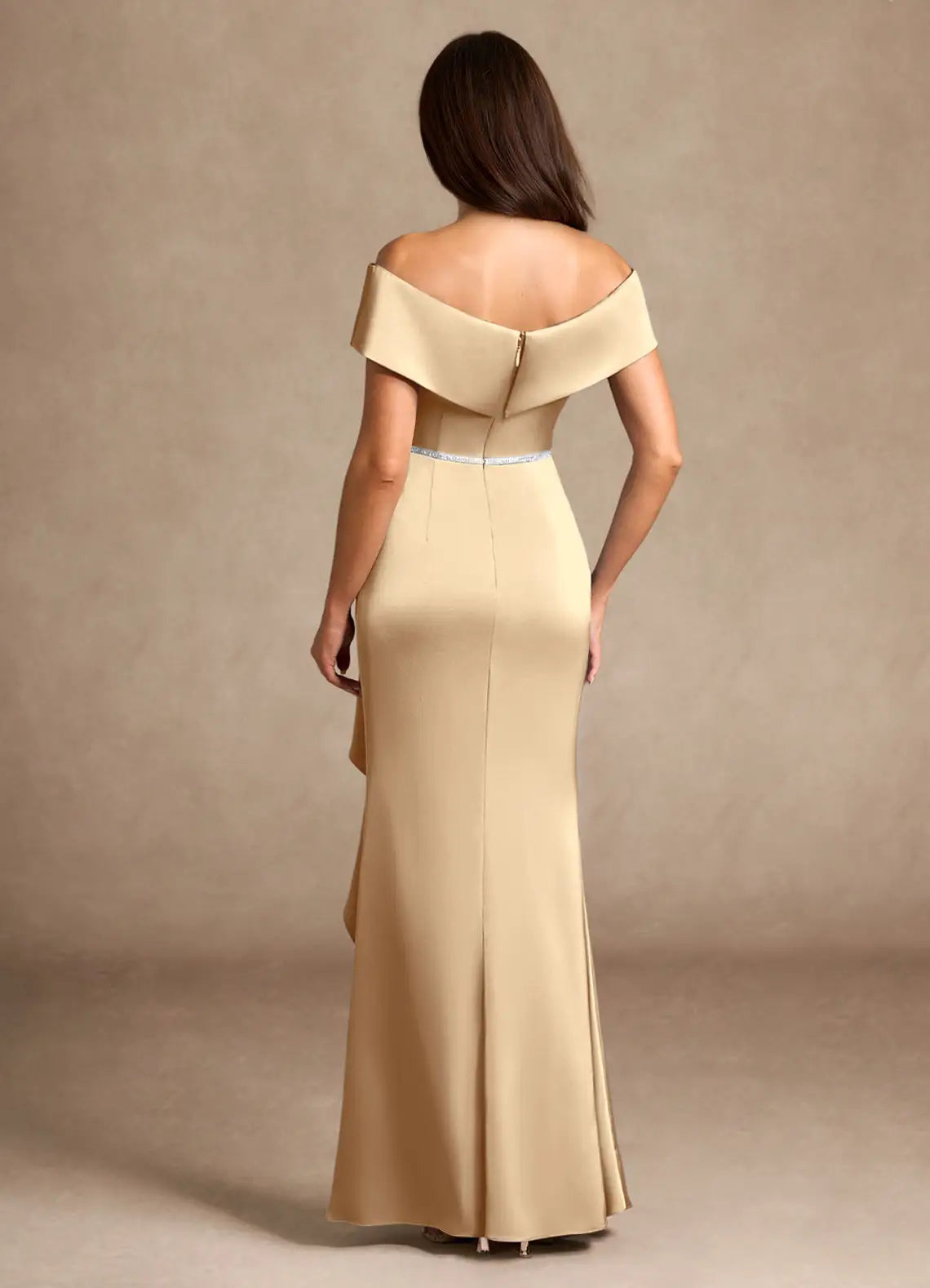 Elegant Champagne Mermaid Off the Shoulder Cold Shoulder Sleeve Ruffled Back Zip High-Slit Floor-Length Mother of the Bride Dress