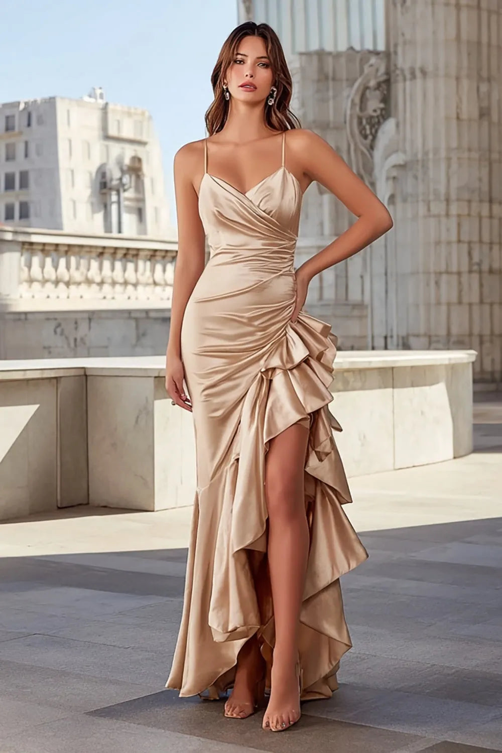 Elegant Champagne Mermaid Spaghetti Straps Sleeveless Ruffled Bodice Backless High-Low Satin Prom Dress with Slit