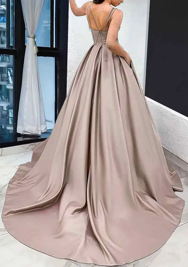Elegant Champagne Satin Ball Gown with Spaghetti Straps Corset Bodice Voluminous Skirt Perfect for Royal  Themed Proms Tie Galas Formal Evening Weddings