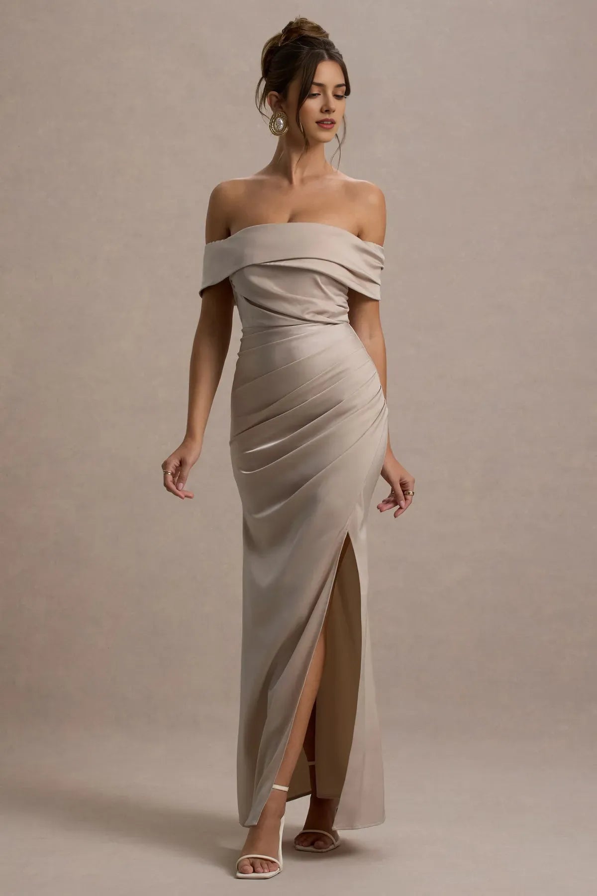 Elegant Champagne Satin Bardot Wrap Prom Dresses Draped Ruched Detail Side Slit Luxurious Silhouette  A Perfect Blend of Sophistication