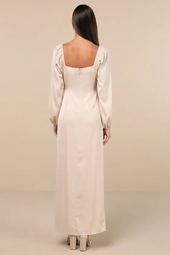 Elegant Champagne Satin Evening Dresses with Square Neckline Puff Sleeves and Side Slit  Perfect for Formal Galas
