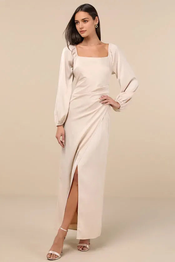 Elegant Champagne Satin Evening Dresses with Square Neckline Puff Sleeves and Side Slit  Perfect for Formal Galas