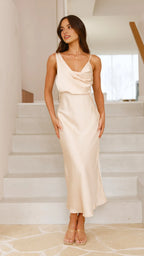 Elegant Champagne Satin Prom Dress Asymmetric Neckline  Slip Style Shine with Understated Luxury