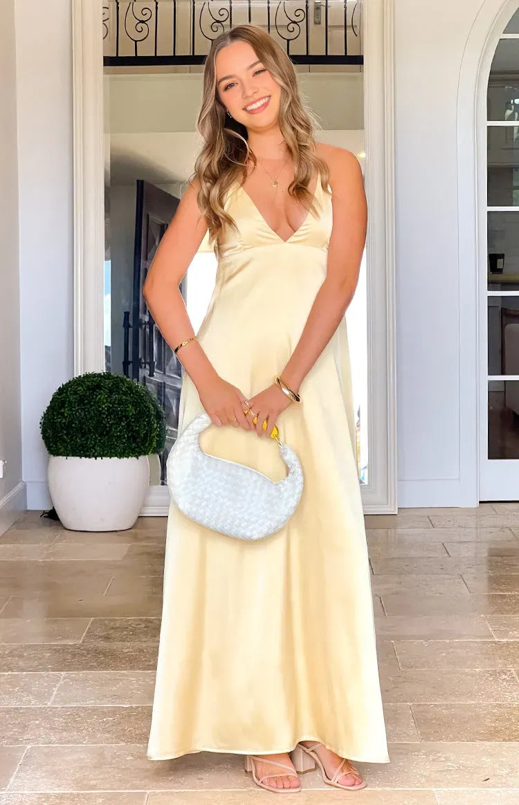 Elegant Champagne Satin Prom Dress Spaghetti Straps Plunging V  Neck Floor Length Silhouette for a Sophisticated Look