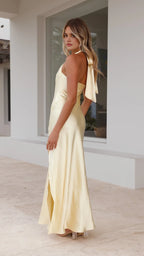 Elegant Champagne Satin Prom Dress with Cowl Neckline Halter Straps Side Slit  for women Formal