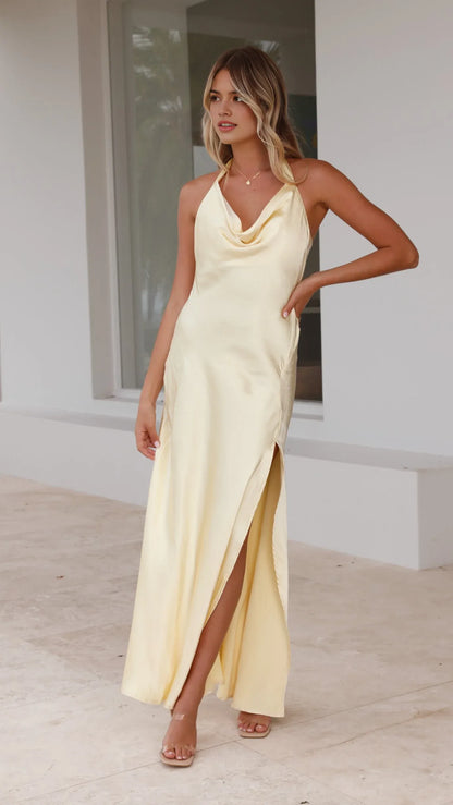 Elegant Champagne Satin Prom Dress with Cowl Neckline Halter Straps Side Slit  for women Formal