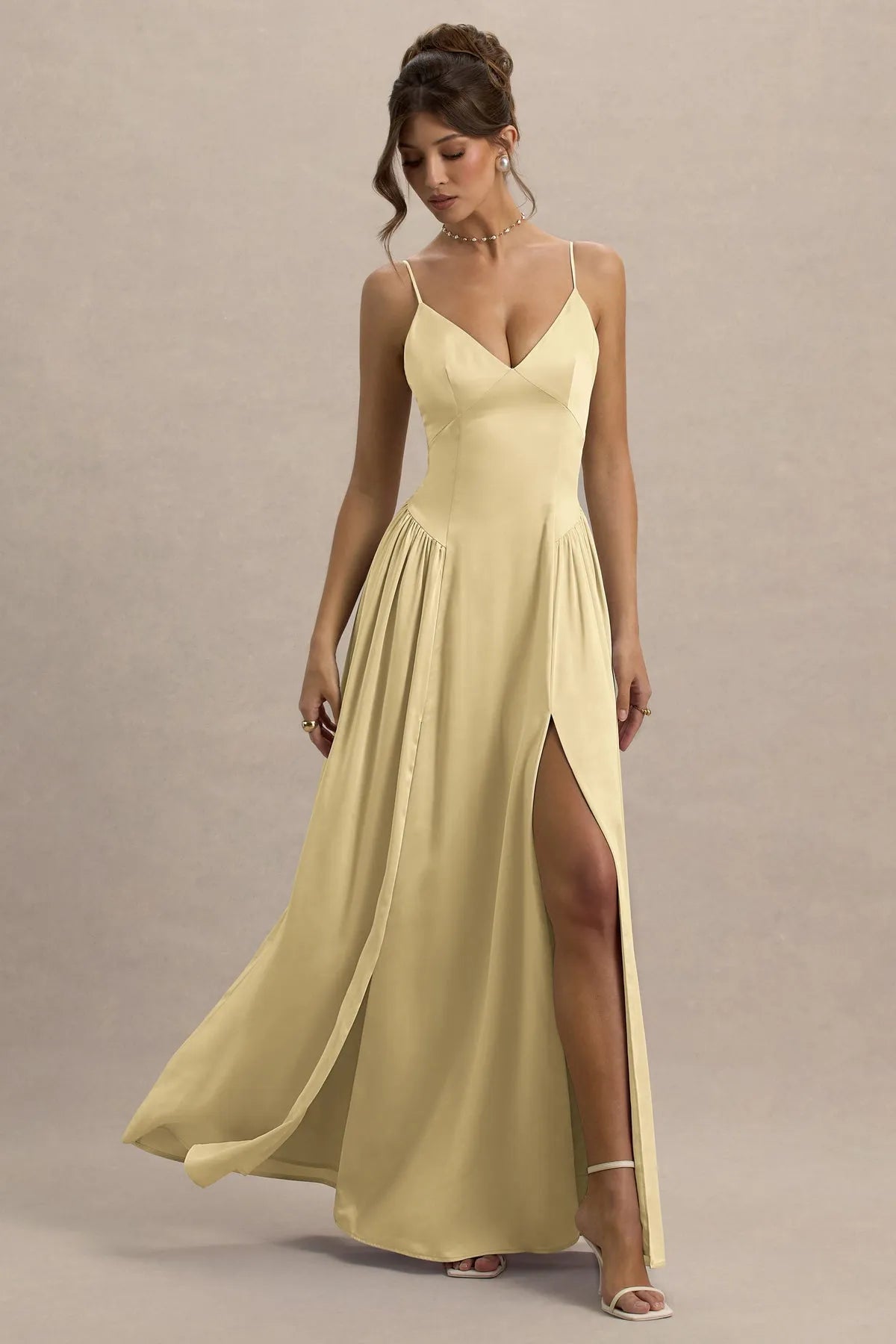 Elegant Champagne Satin Prom Dress with Spaghetti Straps Deep V - Neckline Pleated Skirt  High Side Slit Ideal for Formal Galas Weddings and Evening Soirees