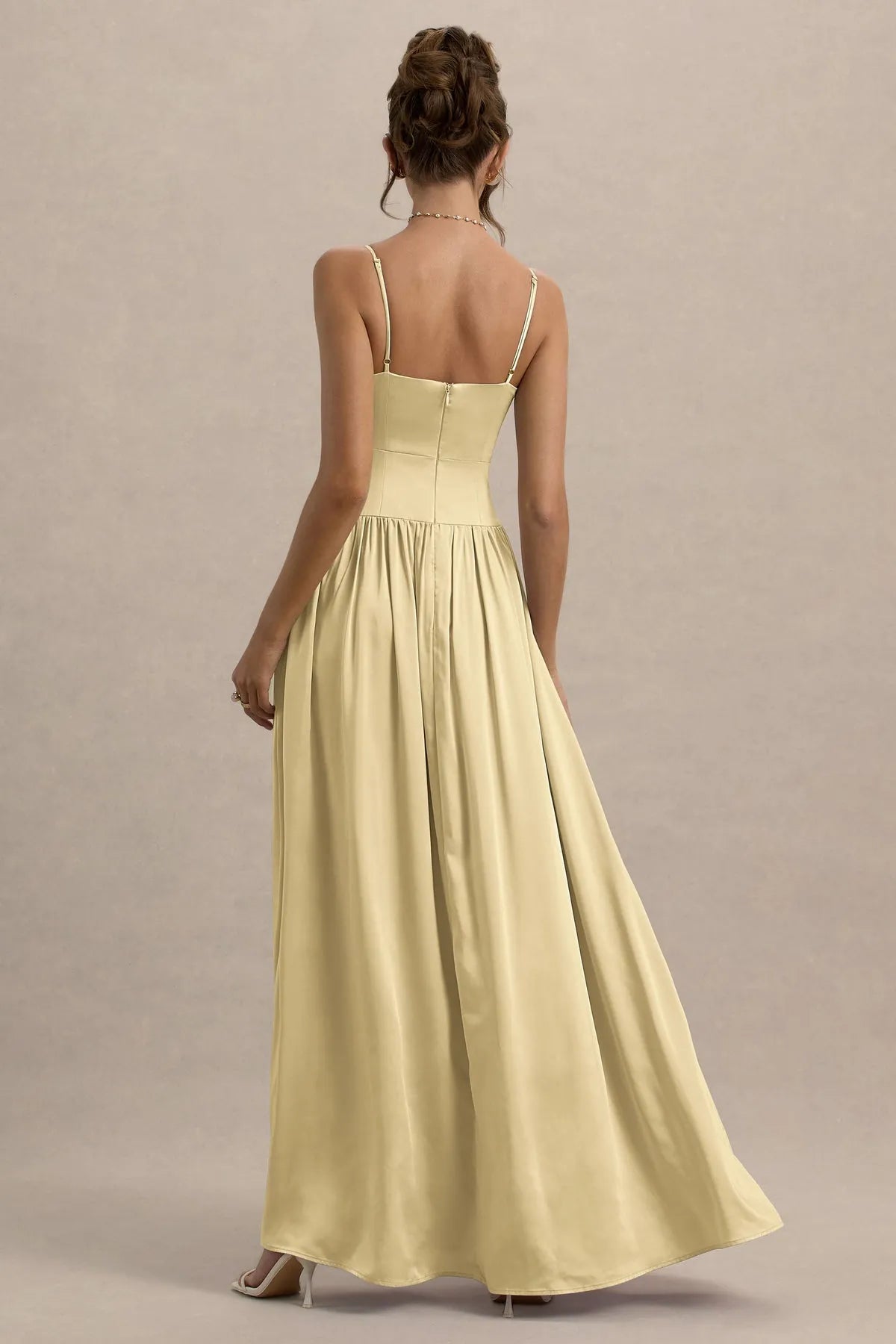 Elegant Champagne Satin Prom Dress with Spaghetti Straps Deep V - Neckline Pleated Skirt  High Side Slit Ideal for Formal Galas Weddings and Evening Soirees