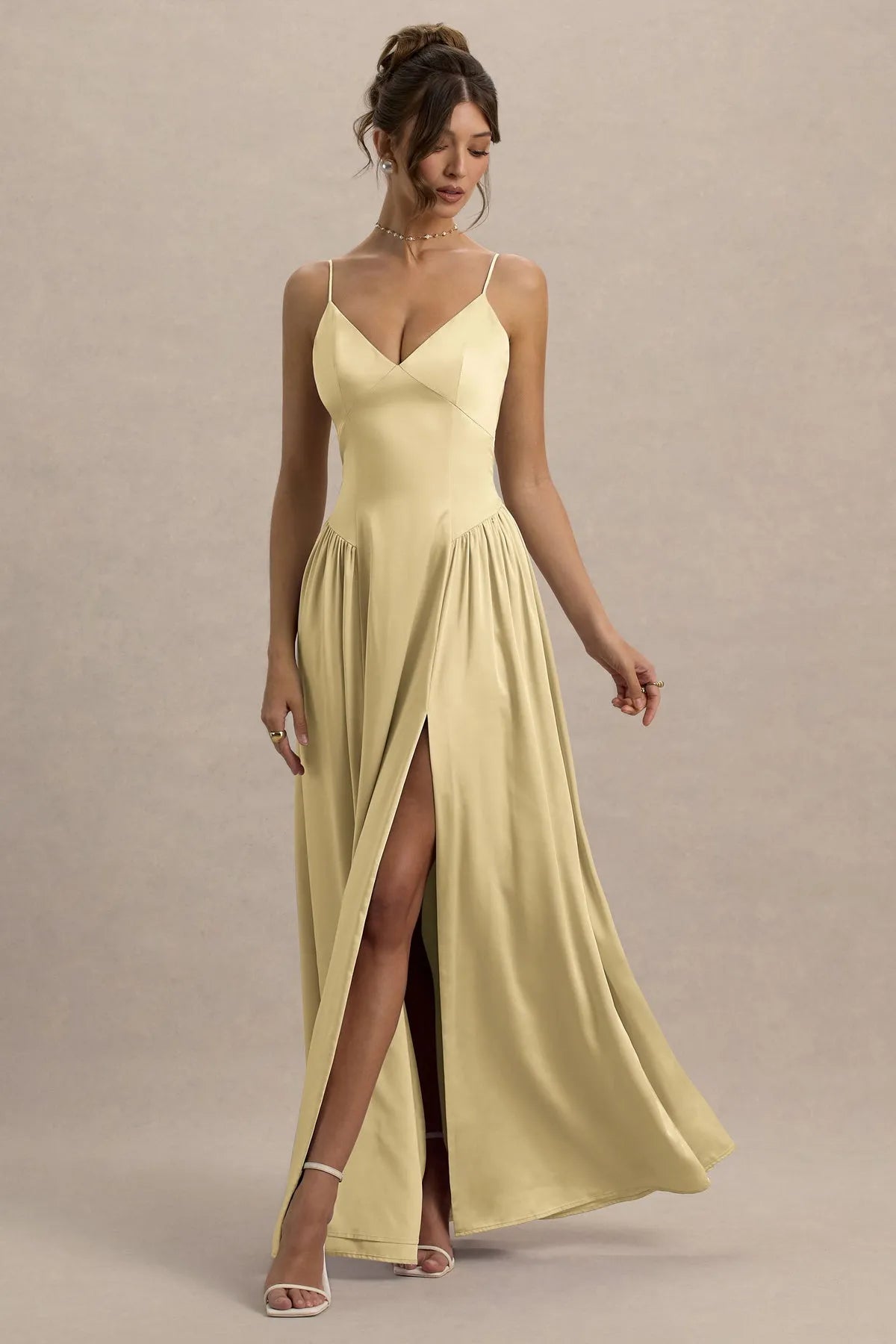 Elegant Champagne Satin Prom Dress with Spaghetti Straps Deep V - Neckline Pleated Skirt  High Side Slit Ideal for Formal Galas Weddings and Evening Soirees