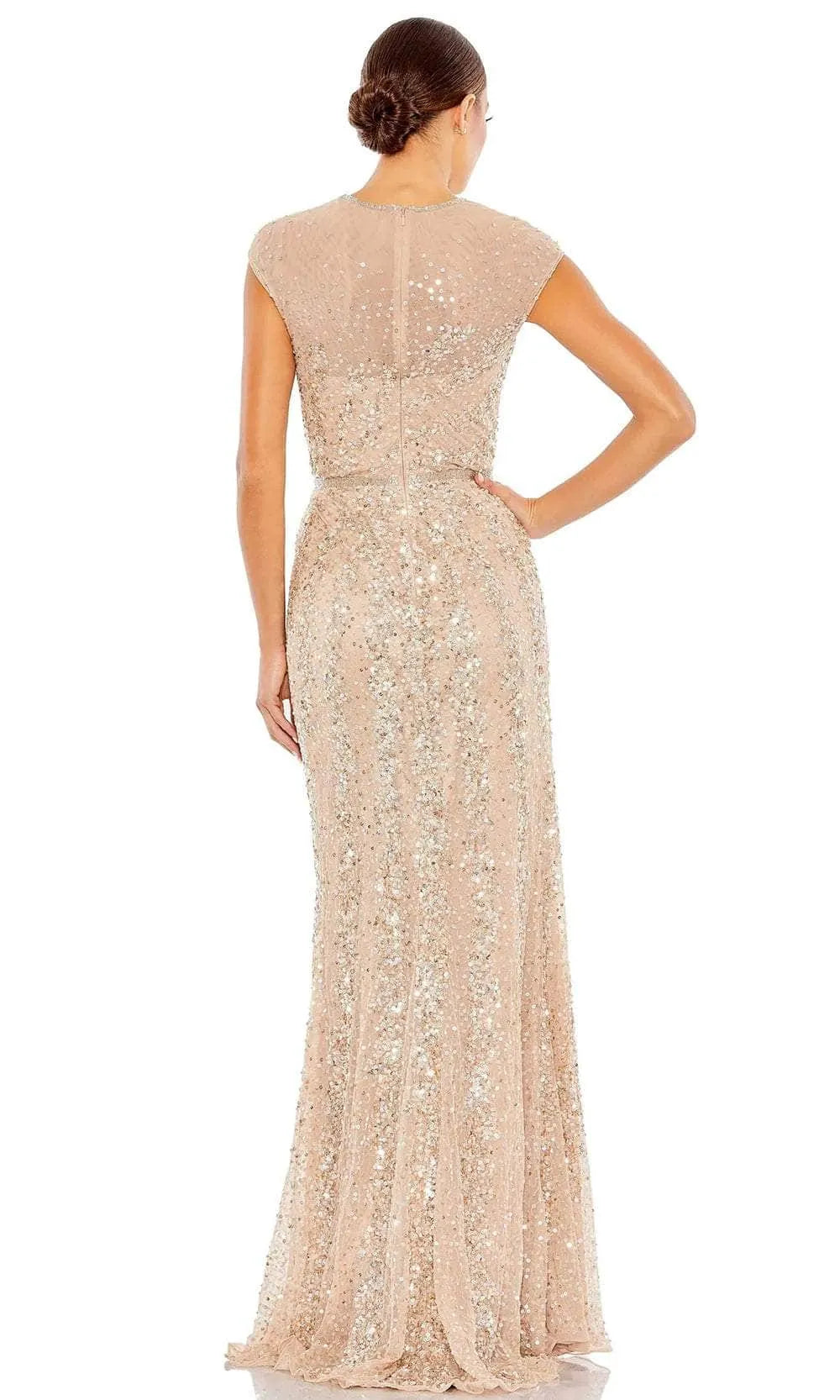 Elegant Champagne Sequin Embellished Mesh Prom Prom Dresses with Cap Sleeves and High Side Slit for Formal Occasions